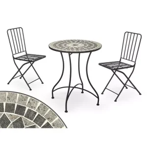 Set Mesa Mosaico Gris 2 Sillas Forja Negra