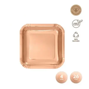 Platos Llano Cuadrado Oro Rosa Metalizado 26cm